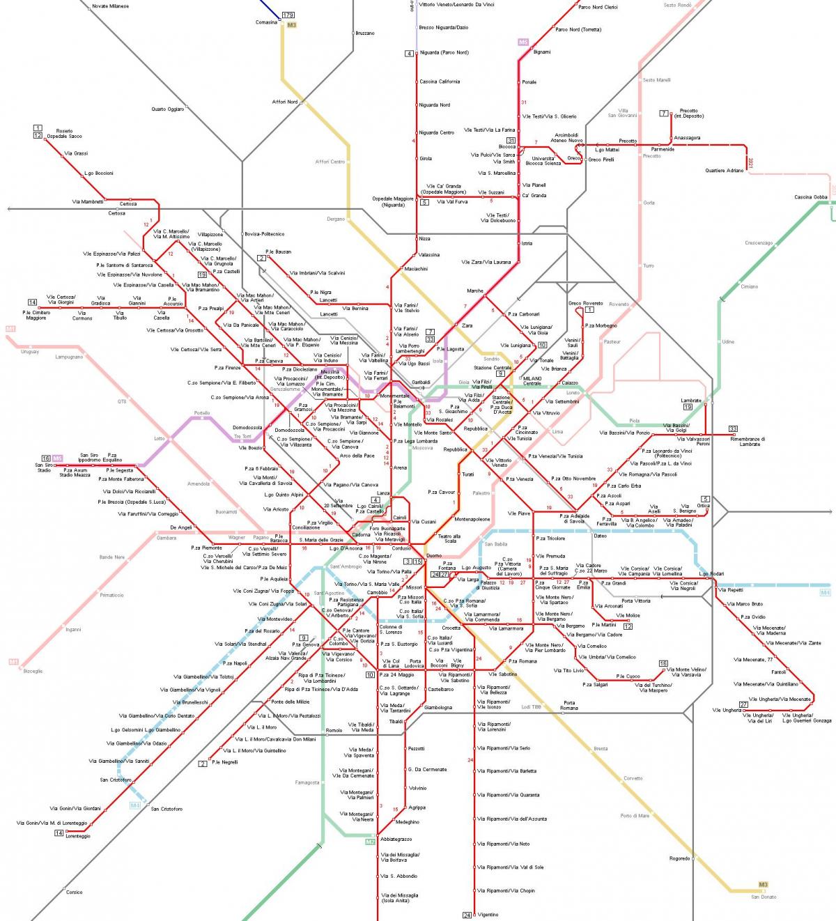 Mappa delle stazioni del tram di Milano